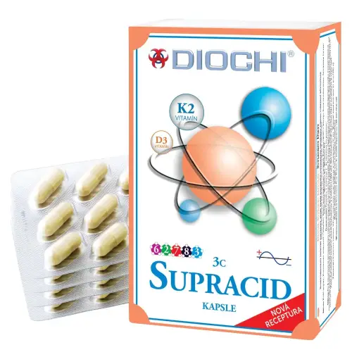 Diochi Supracid 60 kapsułek z witaminami D3 i K2 – opakowanie i blistry