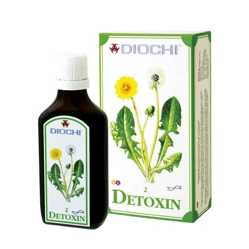 Diochi Detoxin 50 ml – ziołowe krople na wątrobę, butelka i opakowanie