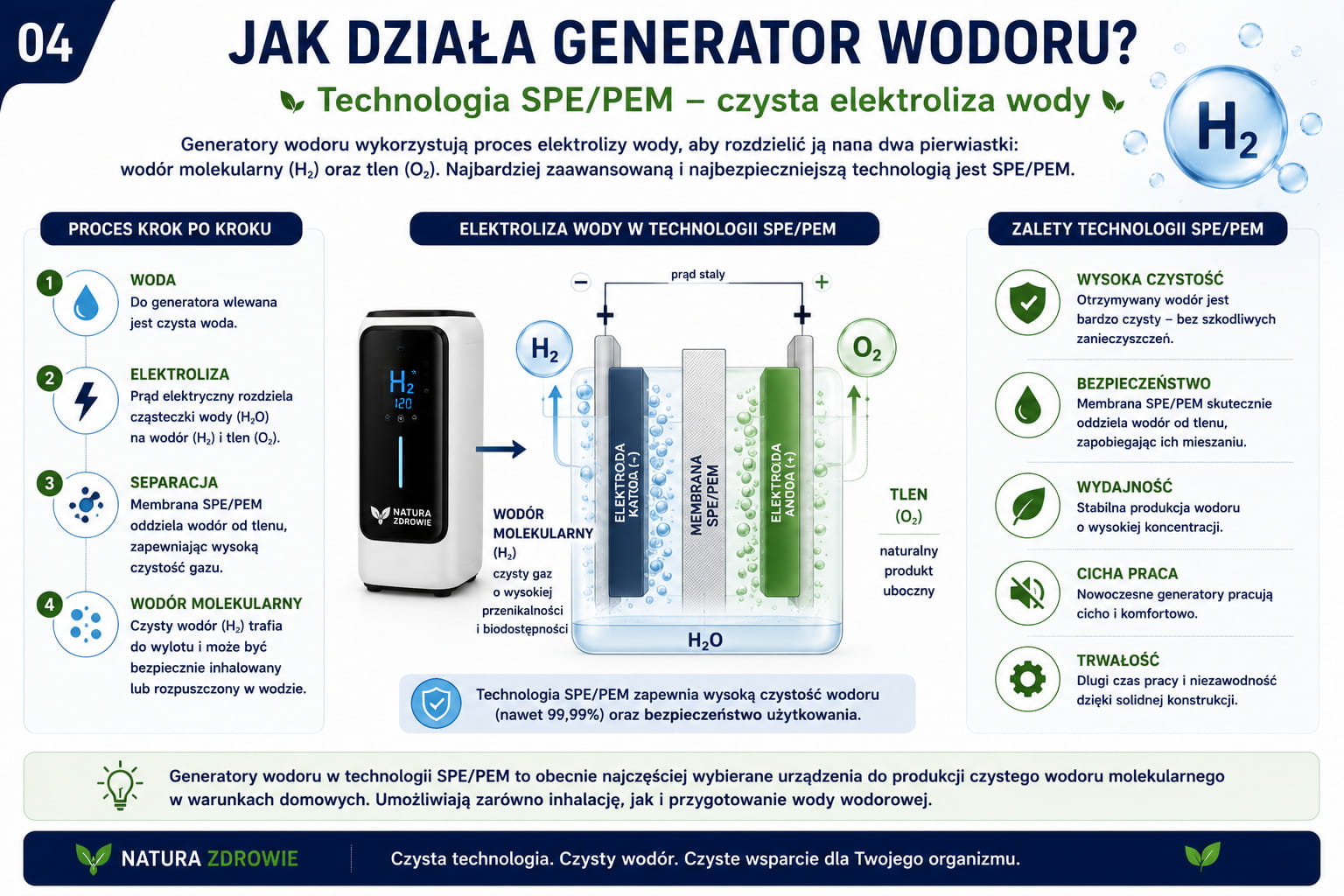Infografika edukacyjna przedstawiająca zasadę działania generatora wodoru molekularnego wykorzystującego technologię SPE/PEM. Pokazuje kolejne etapy elektrolizy wody, proces rozdzielenia wodoru i tlenu za pomocą membrany oraz najważniejsze zalety technologii, takie jak wysoka czystość wodoru, bezpieczeństwo użytkowania i stabilna wydajność. Materiał ma charakter edukacyjny i ułatwia zrozumienie działania nowoczesnych generatorów wodoru.