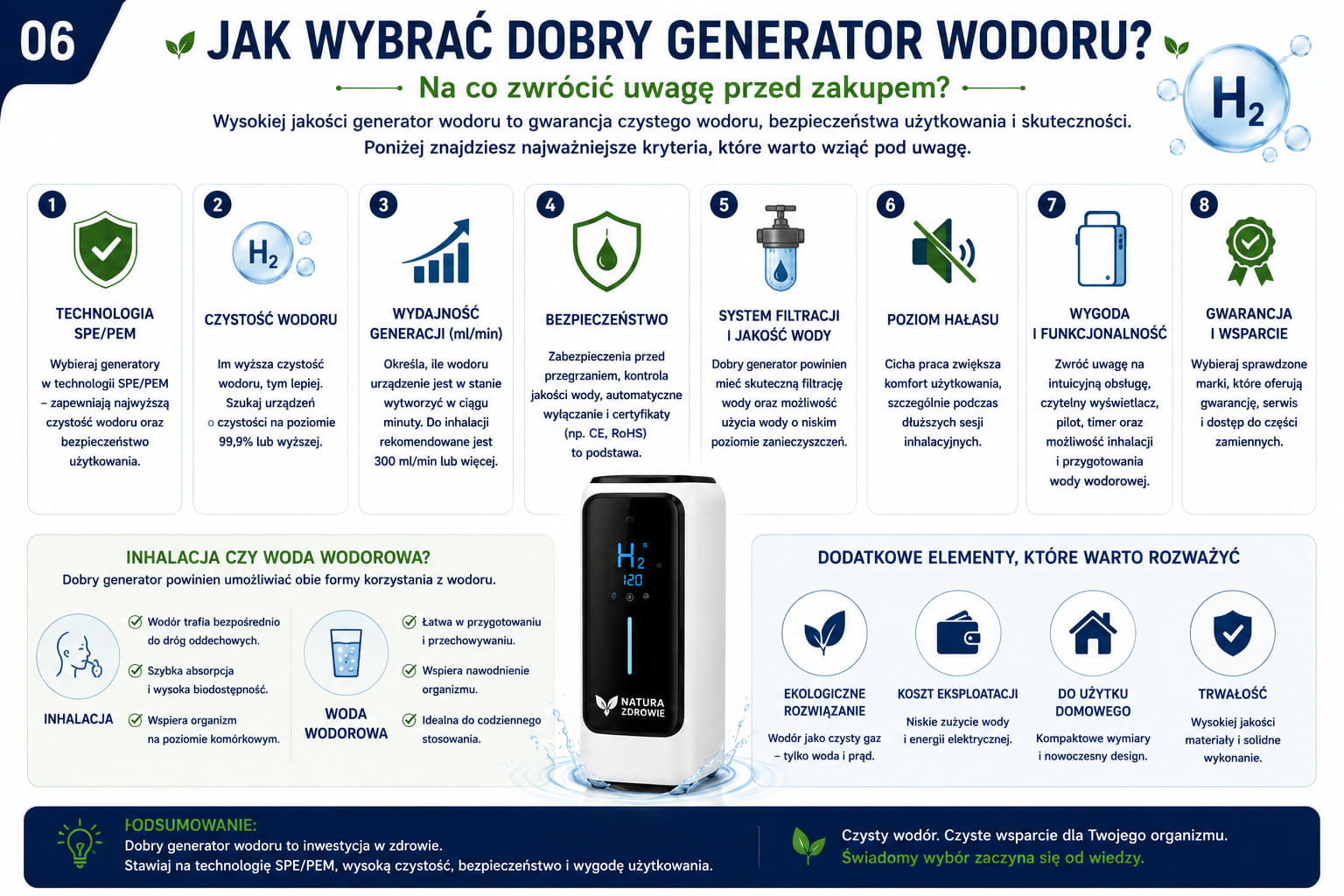 Infografika edukacyjna przedstawiająca najważniejsze parametry, które warto uwzględnić przy wyborze generatora wodoru molekularnego. Omawia znaczenie technologii SPE/PEM, wysokiej czystości wodoru, wydajności urządzenia, systemów bezpieczeństwa, jakości filtracji, poziomu hałasu, funkcjonalności oraz dostępności serwisu. Materiał ma charakter informacyjny i ułatwia świadomy wybór urządzenia.