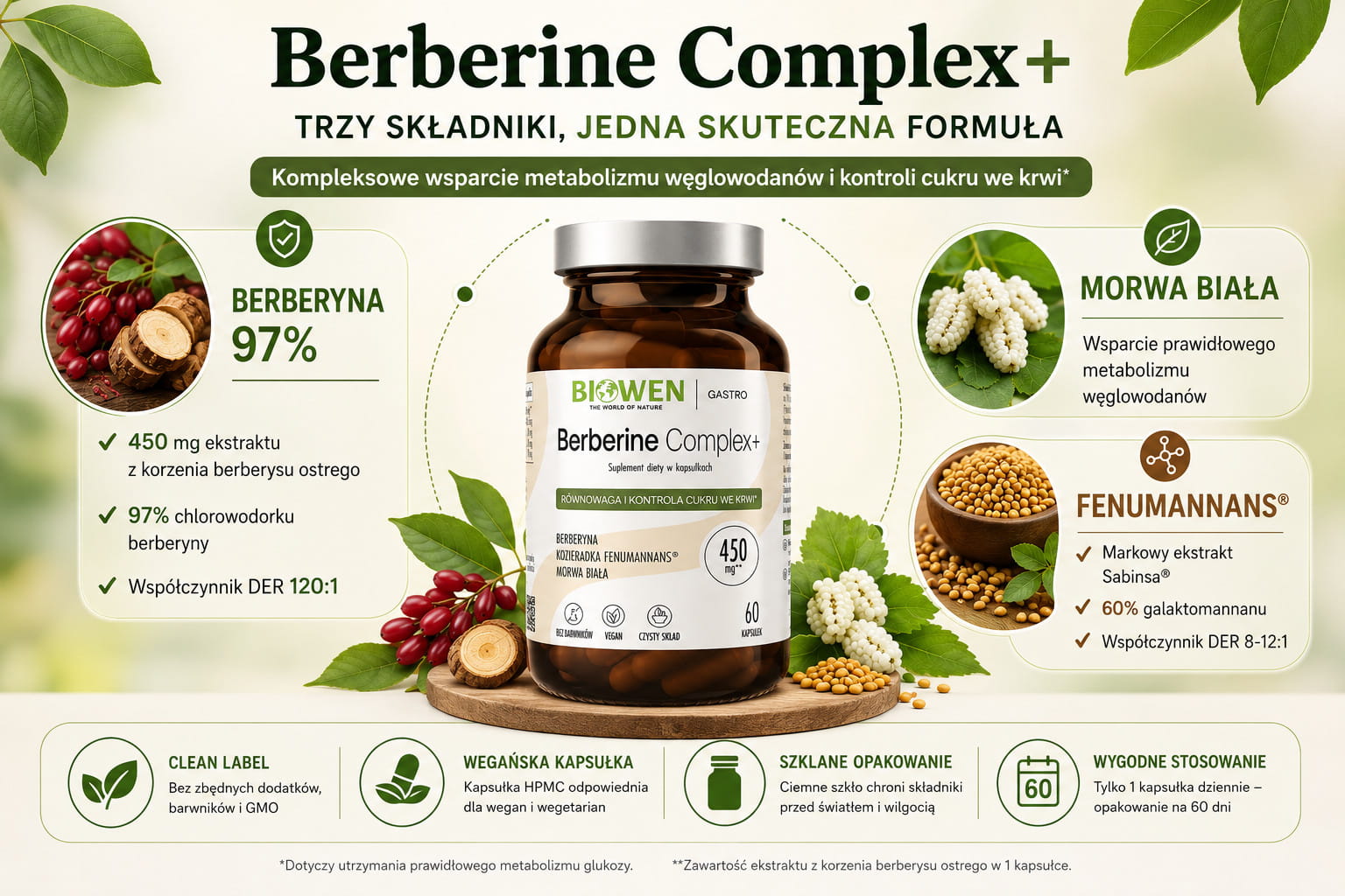 Infografika przedstawiająca skład suplementu Berberine Complex+ Biowen. Pokazuje trzy główne składniki aktywne: berberynę standaryzowaną na 97% chlorowodorku berberyny, ekstrakt z liści morwy białej oraz markowy ekstrakt z kozieradki Fenumannans® firmy Sabinsa®.