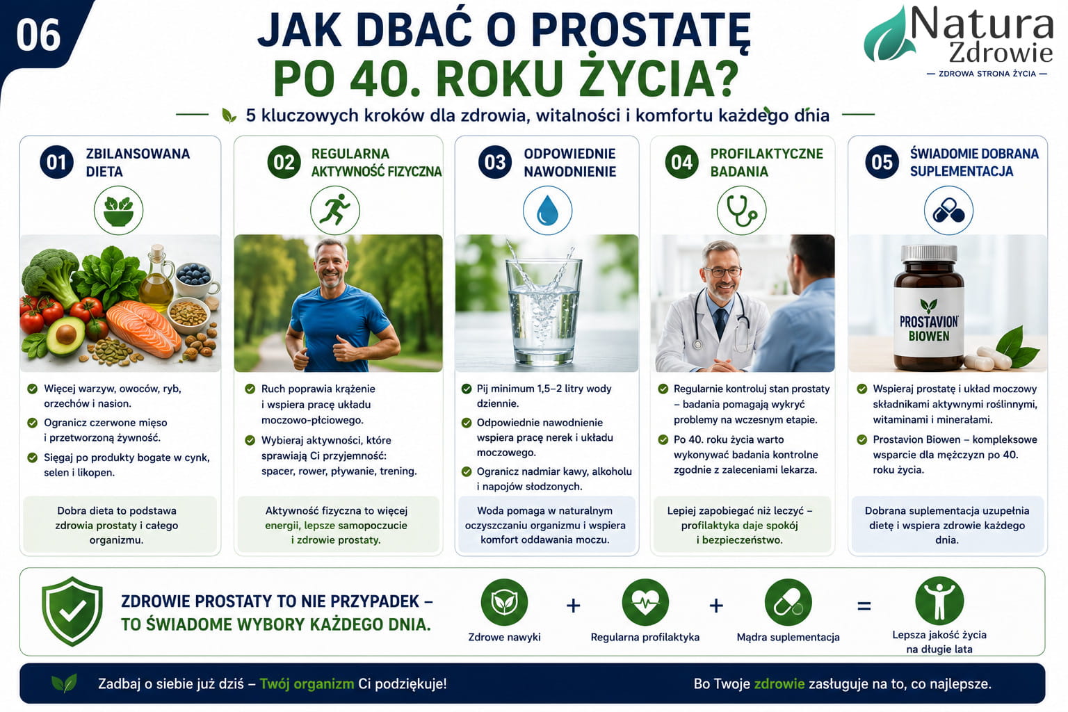 Infografika przedstawiająca pięć podstawowych zasad dbania o prostatę po 40. roku życia: zdrową dietę, aktywność fizyczną, odpowiednie nawodnienie, profilaktyczne badania oraz świadomą suplementację.