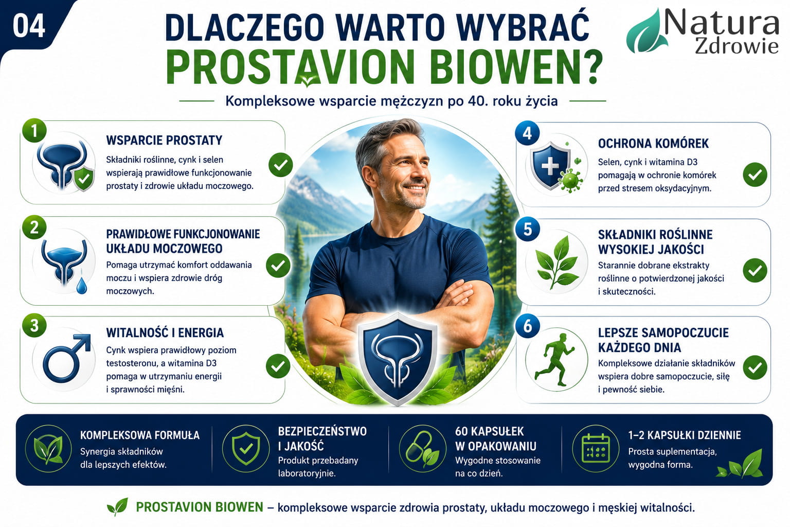 Infografika przedstawiająca najważniejsze zalety suplementu Prostavion Biowen, w tym wsparcie prostaty, układu moczowego, męskiej witalności oraz wysoką jakość składników.