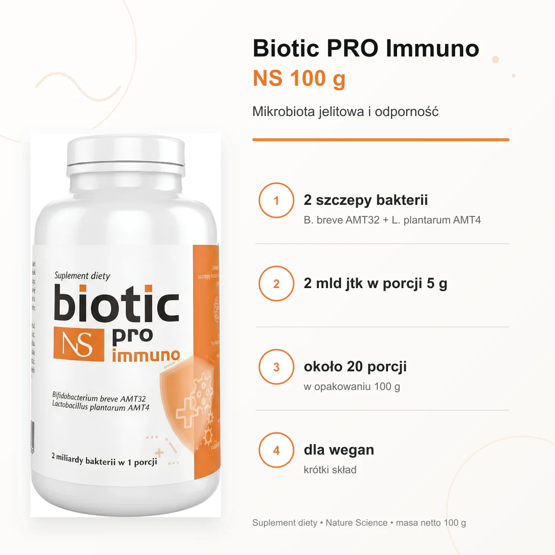 Biotic PRO Immuno NS 100 g – 2 szczepy bakterii, 2 mld jtk w porcji, około 20 porcji i produkt dla wegan