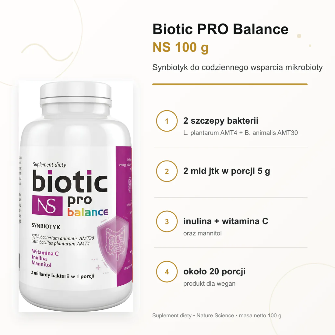 Biotic PRO Balance NS 100 g – 2 szczepy bakterii, 2 mld jtk w porcji, inulina, witamina C, około 20 porcji i produkt dla wegan