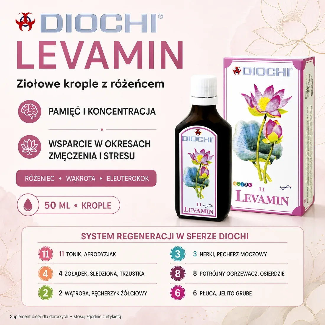 Diochi Levamin 50 ml – ziołowe krople z różeńcem na pamięć, koncentrację i wsparcie w okresach zmęczenia