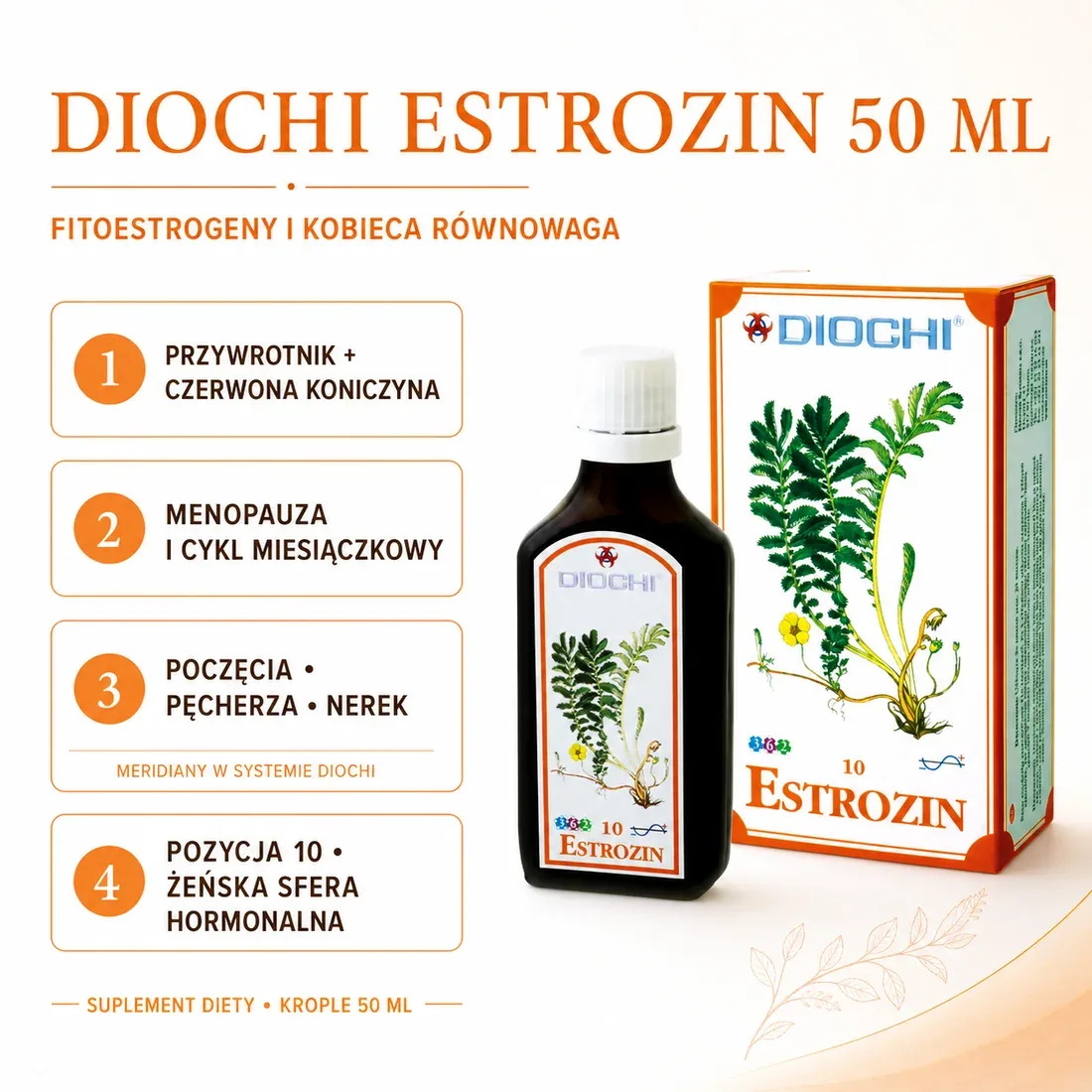 Diochi Estrozin 50 ml – fitoestrogeny, menopauza, meridiany i pozycja 10 Żeńska sfera hormonalna