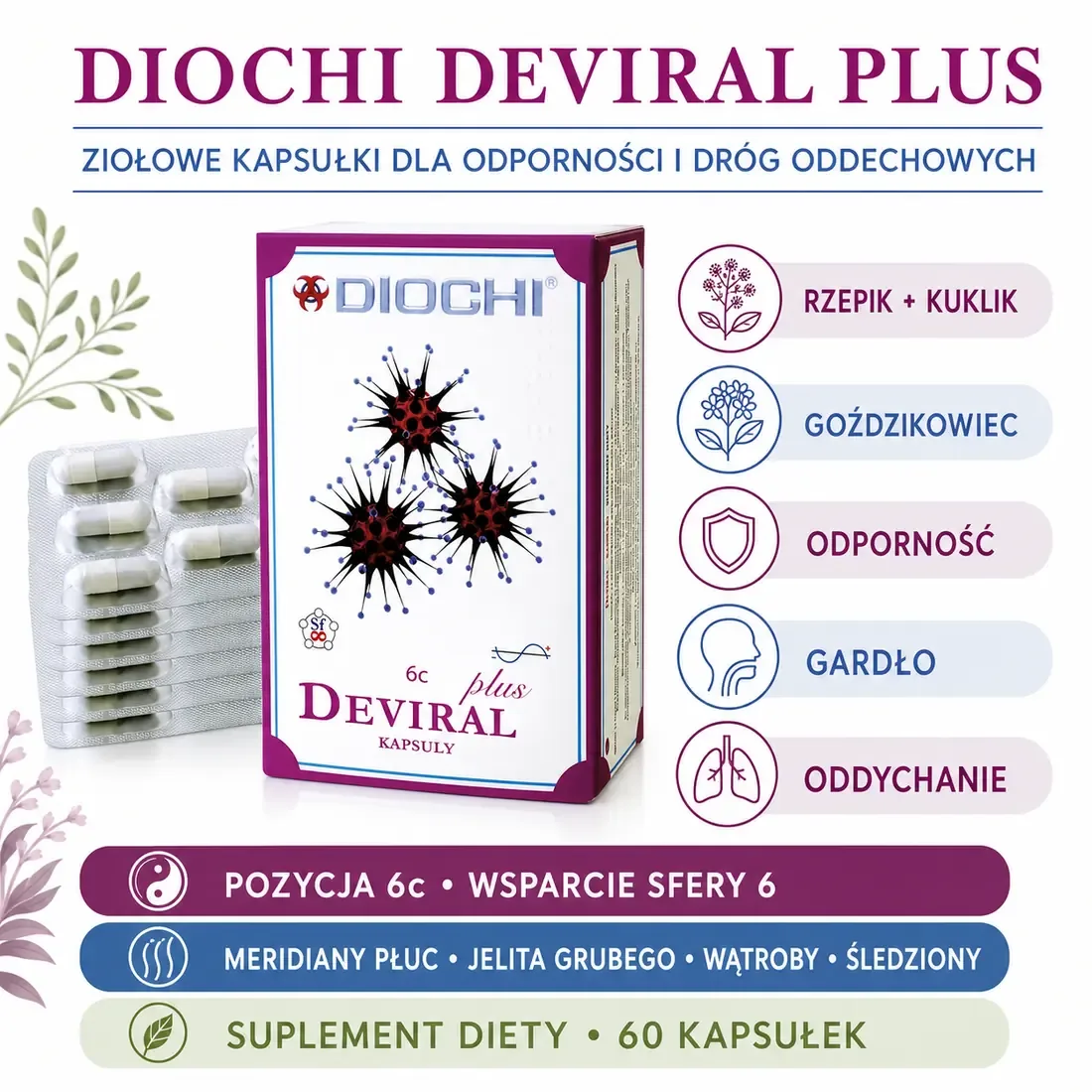 Diochi Deviral Plus 60 kapsułek – odporność, oddychanie, meridiany i pozycja 6c