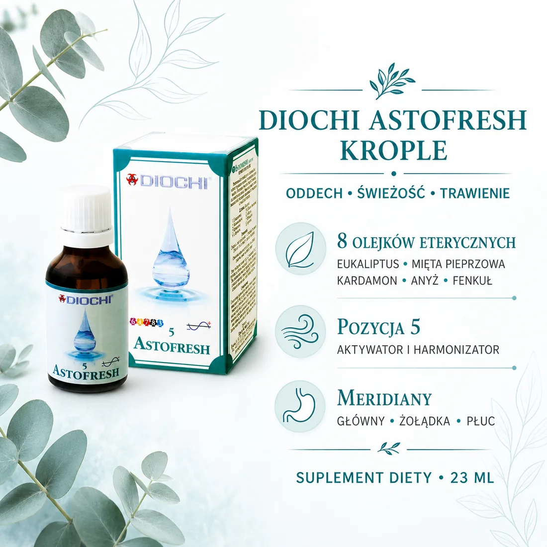 Diochi Astofresh krople 23 ml – 8 olejków, oddech, trawienie, pozycja 5 i meridiany