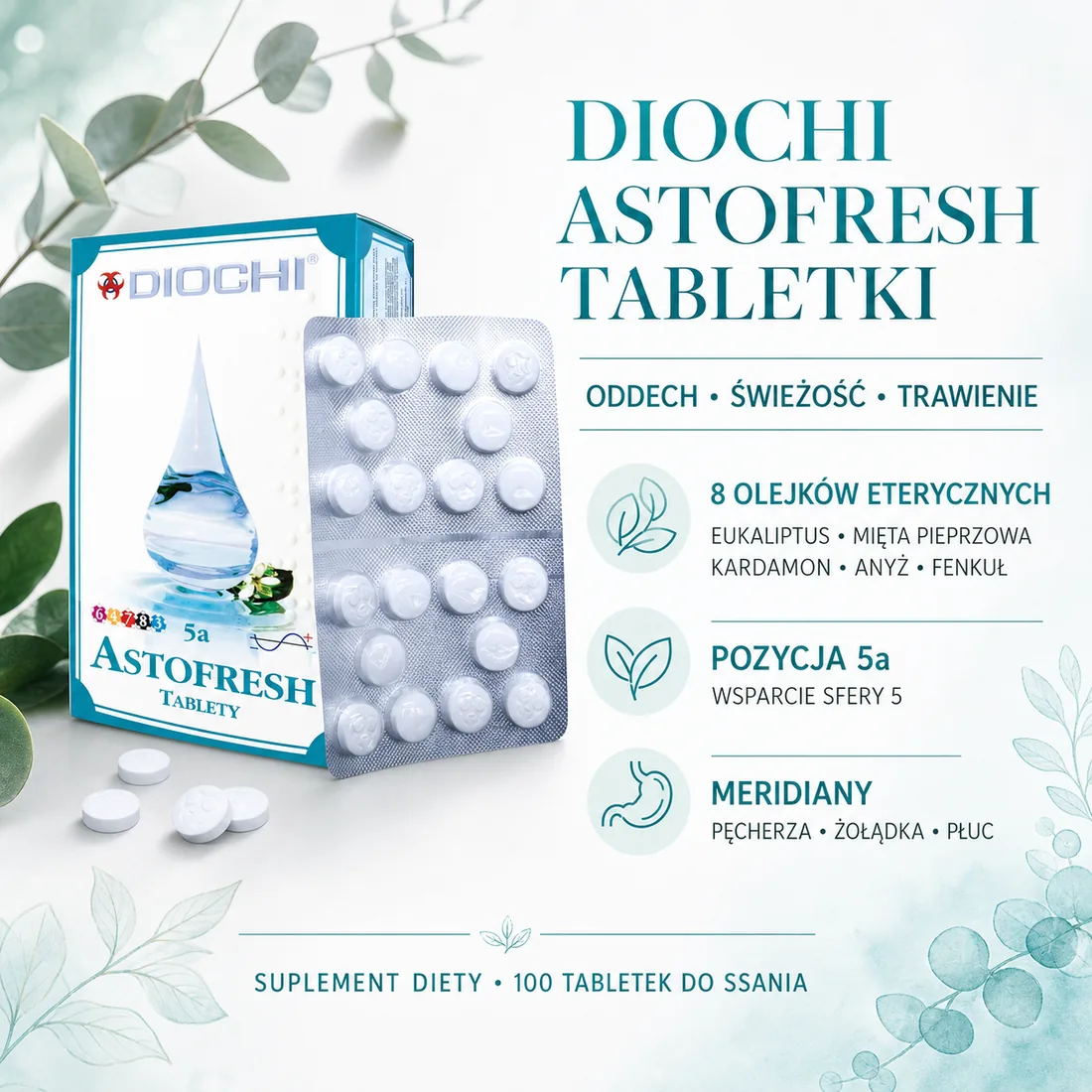 Diochi Astofresh 100 tabletek do ssania – 8 olejków, oddech, trawienie, pozycja 5a i meridiany