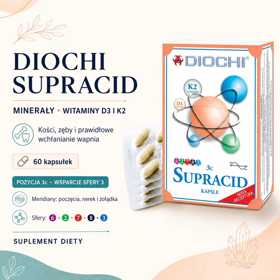 Diochi Supracid 60 kapsułek – minerały, witaminy D3 i K2, pozycja 3c, sfery i meridiany