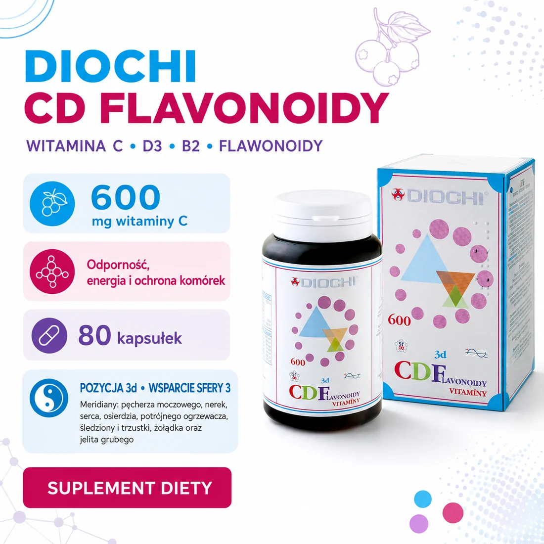Diochi CDFlavonoidy 80 kapsułek – 600 mg witaminy C, D3, B2, flawonoidy, pozycja 3d i meridiany