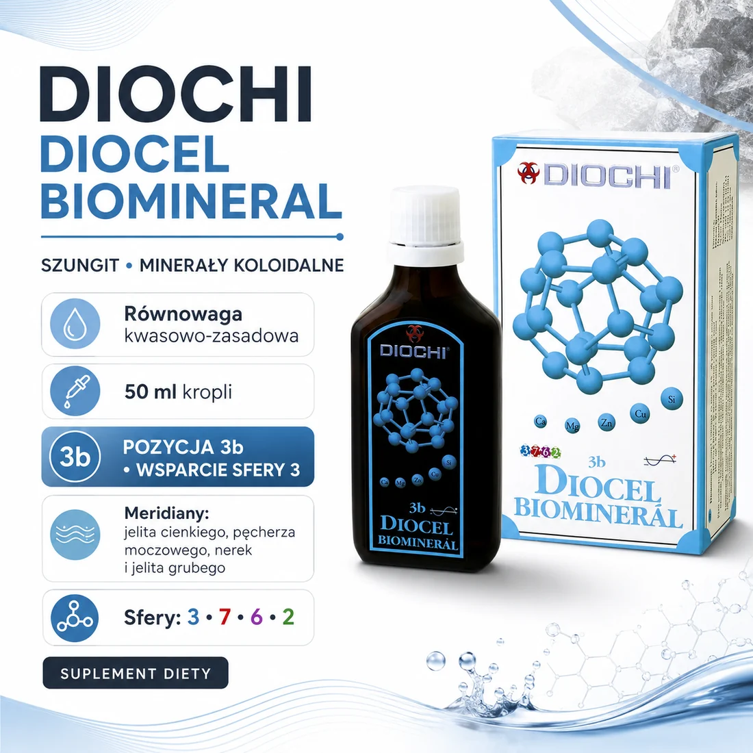 Diochi Diocel Biomineral 50 ml – szungit, minerały koloidalne, pozycja 3b, sfery i meridiany