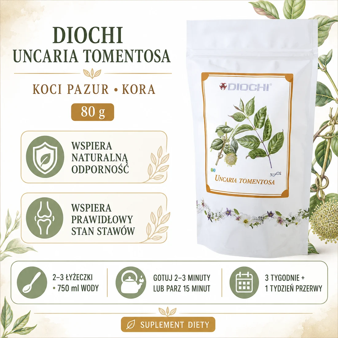 Diochi Uncaria tomentosa 80 g – koci pazur, zastosowanie i przygotowanie naparu