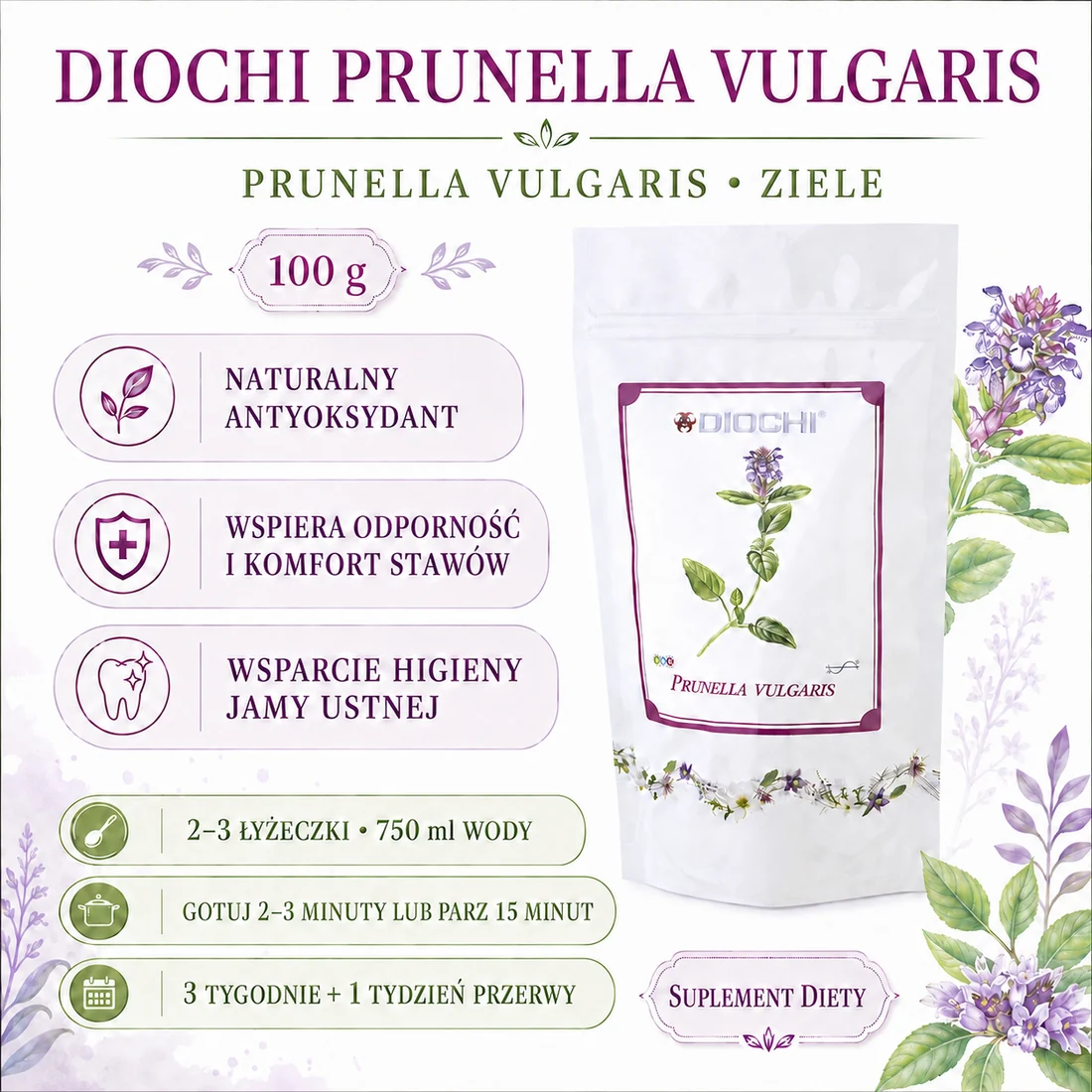 Diochi Prunella vulgaris 100 g – głowienka pospolita, zastosowanie i przygotowanie naparu