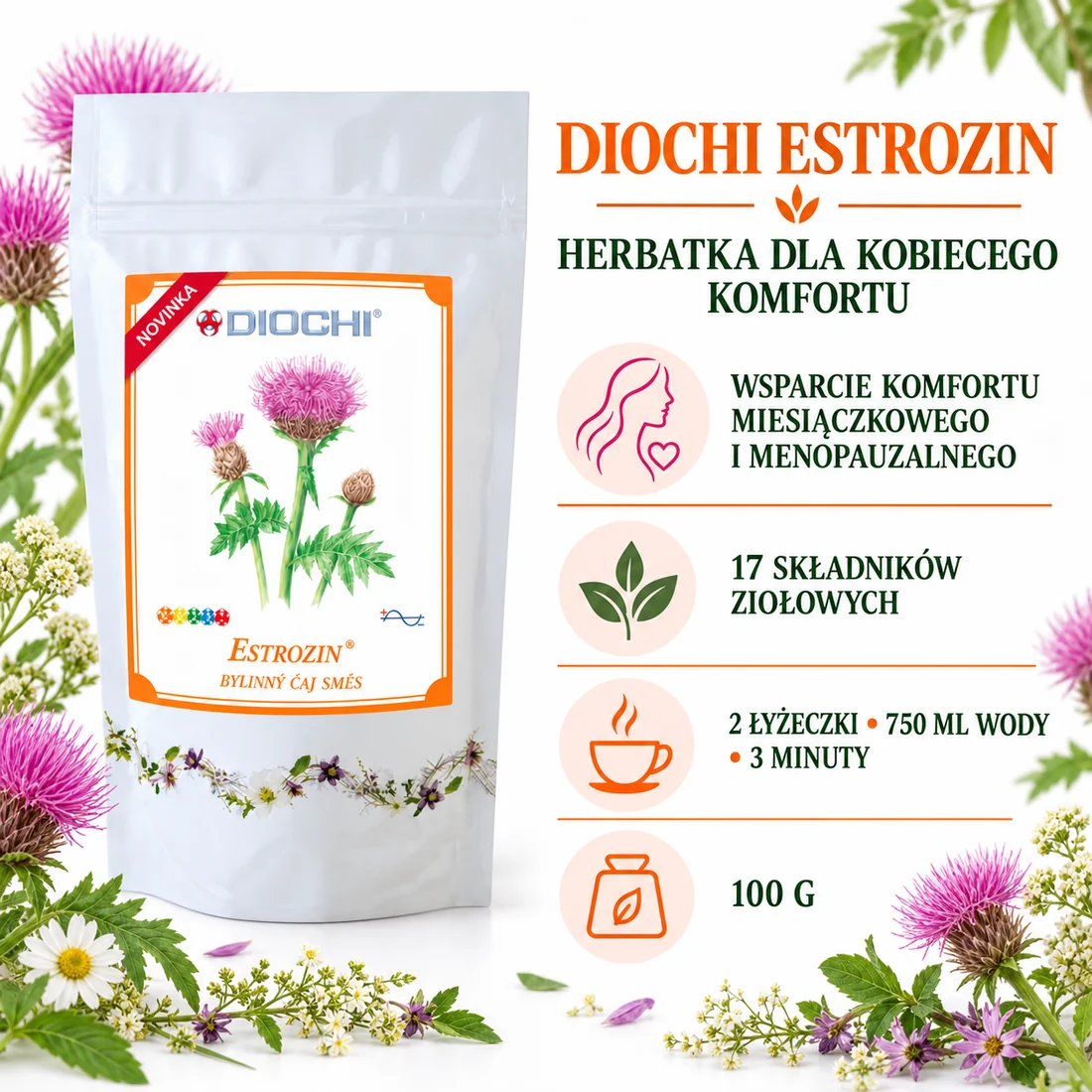 Diochi Herbatka Estrozin 100 g – kobiecy komfort, skład i przygotowanie