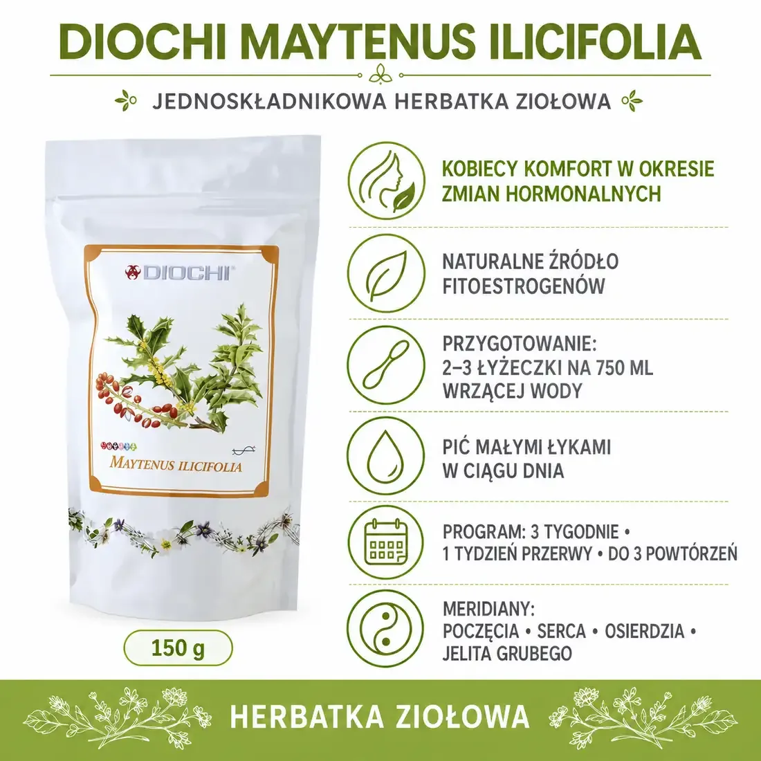 Diochi Maytenus Ilicifolia 150 g – kobiecy komfort, fitoestrogeny i przygotowanie naparu