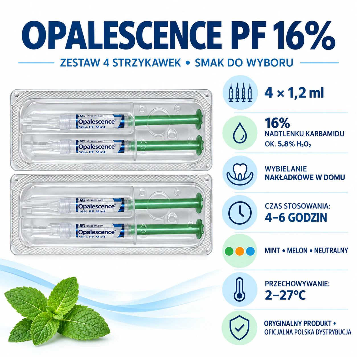 Opalescence PF 16% – zestaw 4 strzykawek, stosowanie, smaki i przechowywanie