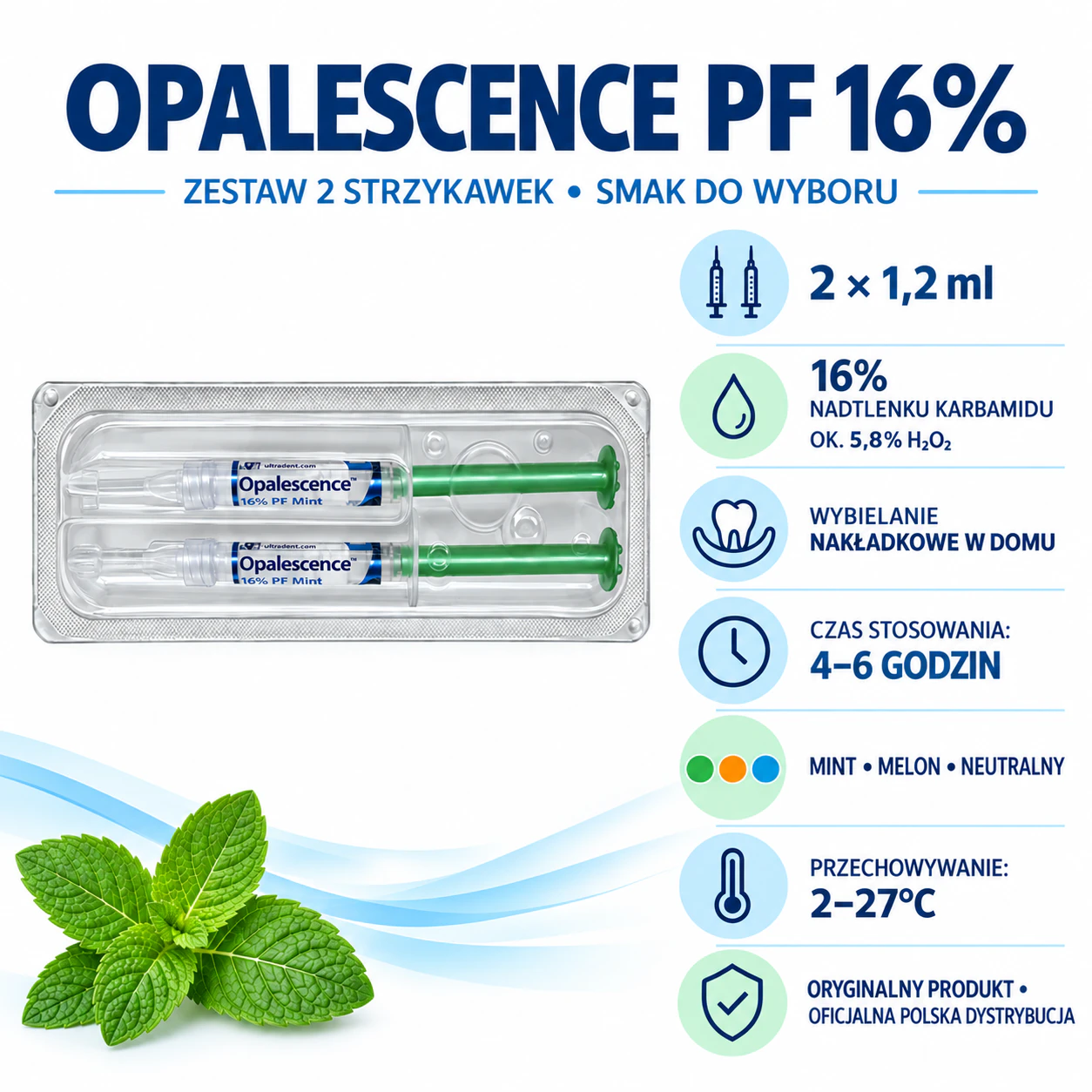 Opalescence PF 16% – zestaw 2 strzykawek, stosowanie, smaki i przechowywanie